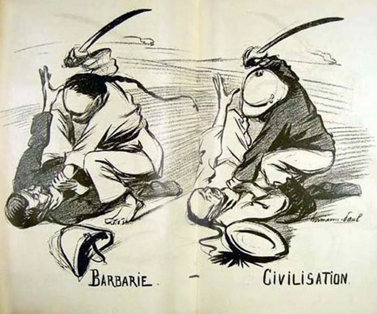 1899年René Georges Hermann-Paul创作的漫画《文明与野蛮》,展示了这种二分法对暴力行为的双重标准,中国人杀外国人就是“野蛮”,而外国人杀死中国人就是“捍卫文明” 1899年René Georges Hermann-Paul创作的漫画《文明与野蛮》,展示了这种二分法对暴力行为的双重标准,中国人杀外国人就是“野蛮”,而外国人杀死中国人就是“捍卫文明”